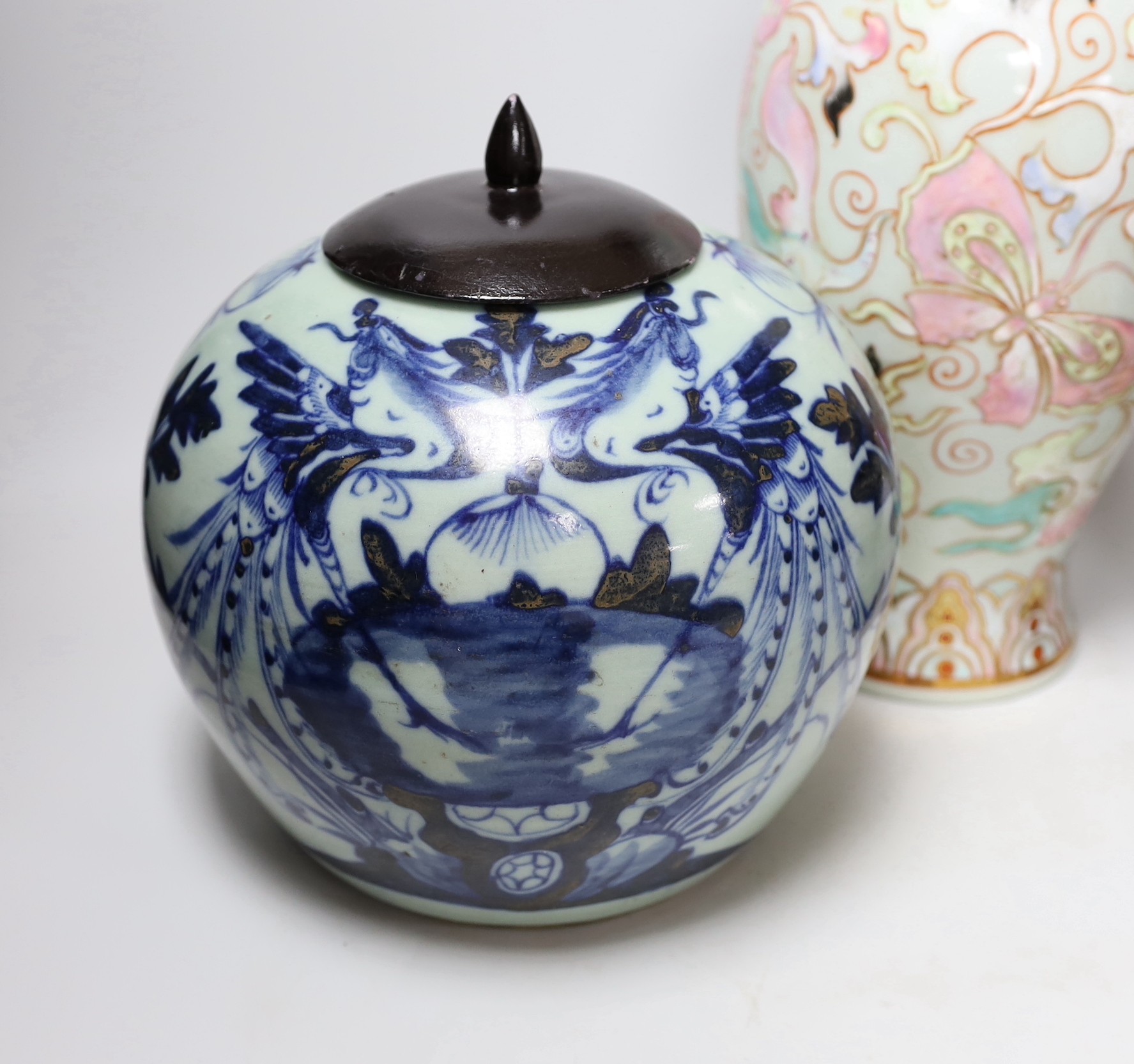A Chinese blue and white celadon ground jar an enamelled porcelain vase and a flambe vase, tallest 42cms high (3)